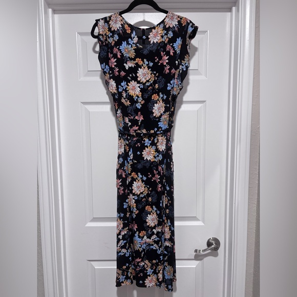 0107- Xhilaration XL Black Floral Midi Dress Tie Waist Button Front - Picture 2 of 8